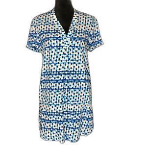 Tommy Bahama Dress XS White Black Blue Watercolor Dot Tunic Shift Short Sl CUTE